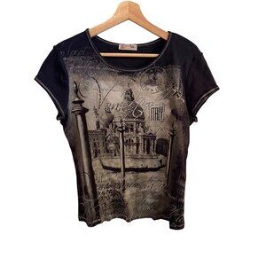 Blue Canyon Black Short Sleeve Graphic T-Shirt Italy Tee Women's Size L Vintage